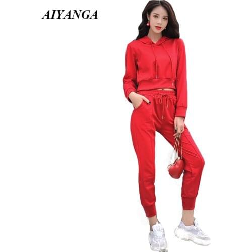 Fashion Tracksuit For Women Sexy Crop Top 2019 Autumn Women Two Piece Set Elastic Waist Pants Hooded Sweatshirt Female Solid