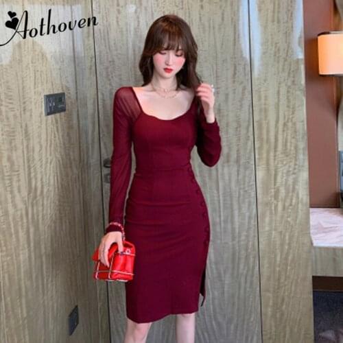 Autumn Mesh Patchwork Dresses Burgundy Long Sleeve O Neck Backless Women Dress Office Bandage Vintage Sexy Party Dress Vestidos