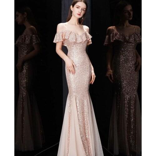 2021 Off The Shoulder Wedding Evening Mermaid Dress With Sequins Spaghetti Strap Illusion Party Dresses Womens Prom Gown 015