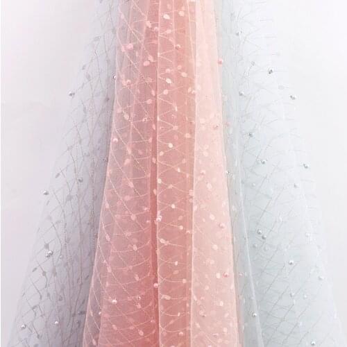 2 Yards Soft Pearls Beaded Lace Fabric Polka Dot Spotted Sheer Gauze Fabric For Bridal Veil Wedding Dress, Evening Gown, Blouse