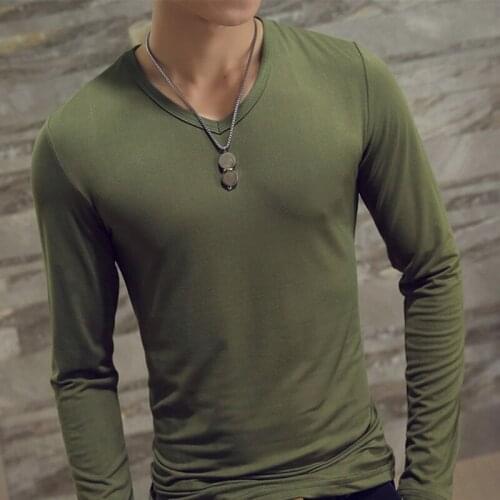 2021 Elastic Mens T-Shirt V-Neck Long Sleeve Men T Shirt For Male Lycra And Cotton T-Shirts Man Clothing TShirt Brand Tees