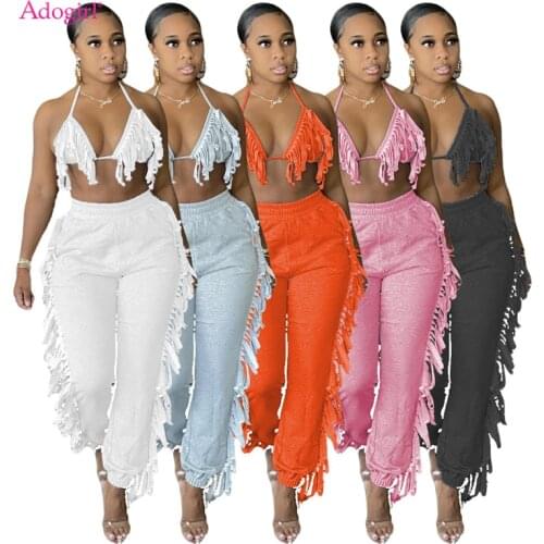 Adogirl Women Solid Tassel Two Piece Set Lace Up Bra Top Sweat Pants Fashion Casual Active Suit Female Summer Tracksuit