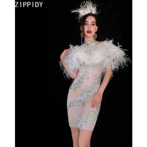 Flashing Rhinestone Transparent White Feather Dress Prom Women Dance Outfit Birthday Celebrate Evening Mesh Short Dress