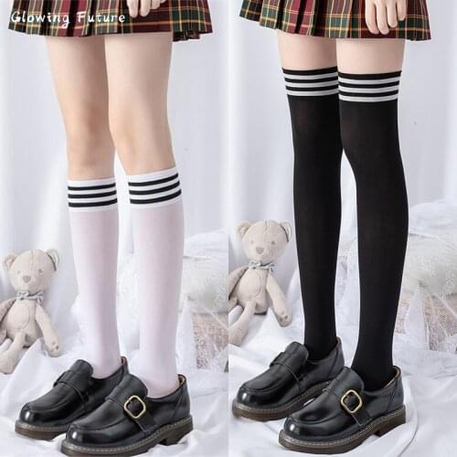 Stockings Lolita Long Socks Women Fashion Sexy Over The Knee Thigh High носки Kawaii Black White Solid Color Nylon Calf Meias