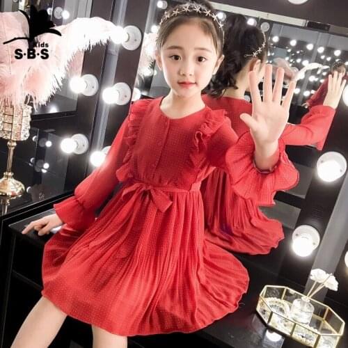 2020 Girls Spring and Autumn Section Wave Dot Belt Dress Children Chiffon Princess Dress Long Sleeves Kids Dresses for Girls