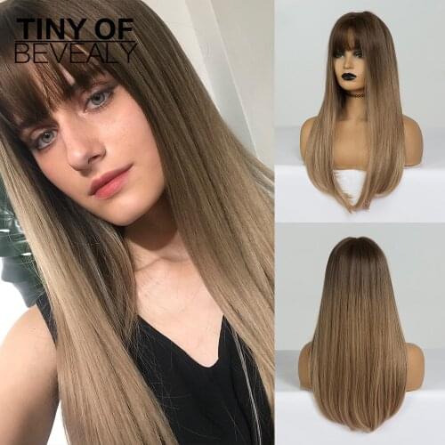 Long Straight Synthetic Wigs With Bangs Ombre Brown Wigs for Women African American Natural Daily Wigs Heat Resistant Fiber