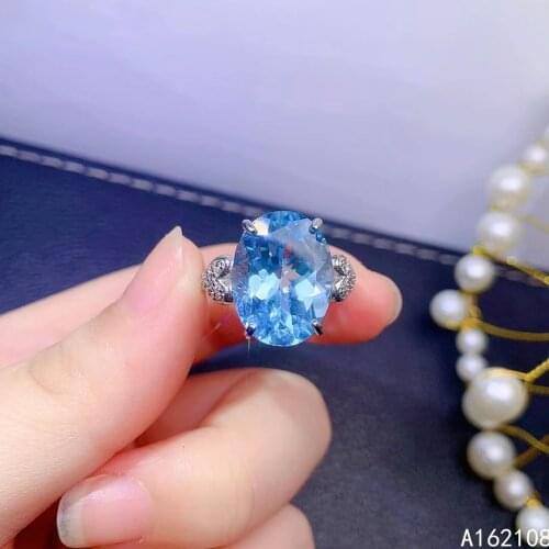 Fine Jewelry 925 Sterling Silver Inset With Natural Large Gem Womens Classic Trendy Blue Topaz Adjustable Ring Support Detectio