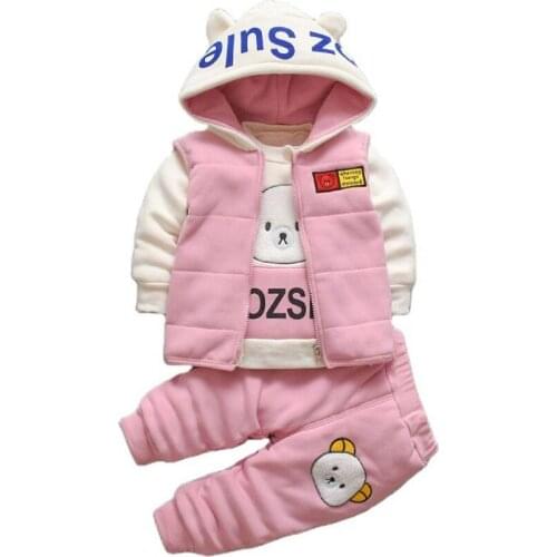 Children Clothes Set Autumn Winter Girls Kids Cotton Thick Fleece Hoodies Vest Pants 3pcs Suit For 1-4 Y Boys Warm Active Outfit