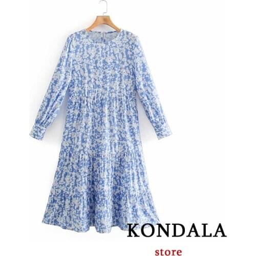 KONDALA 2021 Women Dress Za Fashion Chinese Style blue Digital Printing Long Sleeves Elastic midi Dress Chic Mujer Vestidos