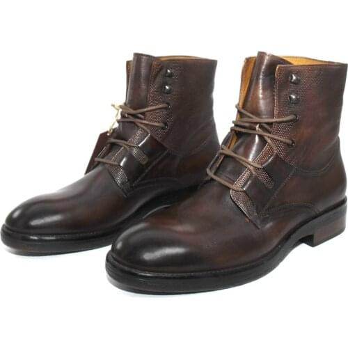 SHENBINS Handmade Mid Calf Brown Patina Combat Boots with Special Injected Leather Soles (5.5 MM), Hiker, Camper, Mens