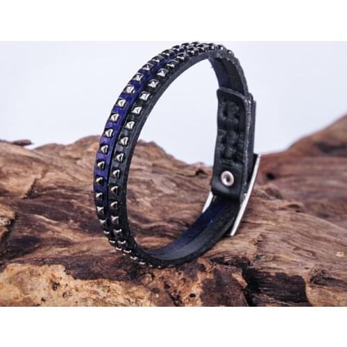 G553 Blue Rock Cool Chic Studded Single Wrap Leather Bracelet Wristband New