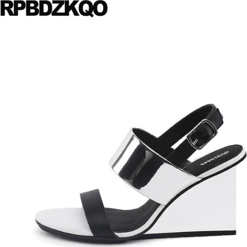 Summer Open Toe Strap Genuine Leather High Heels Silver Sandals Designer Shoes Women Luxury 2018 Slingback Pumps Ladies Wedge