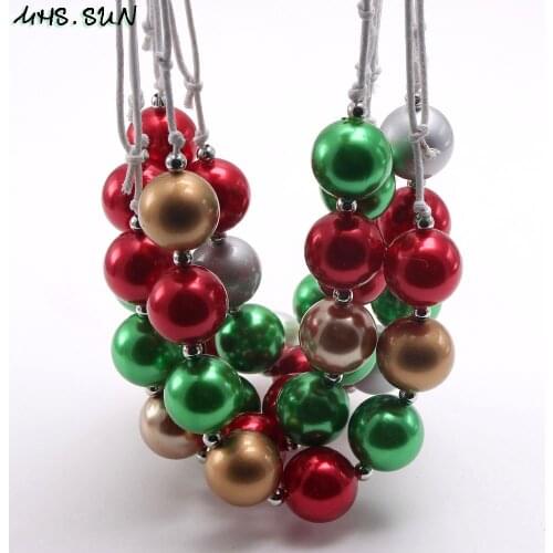 MHS.SUN Christmas Kids Girls Red/Green Pearl Beads Necklace Fashion Child Baby Adjustable Rope Necklace Gift Chunky Jewelry