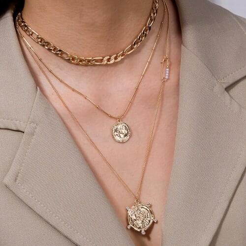Fashion New Cool All-match Sun Head Alloy Pendant Multi-Layer Clavicle Chain Necklace Female Accessories