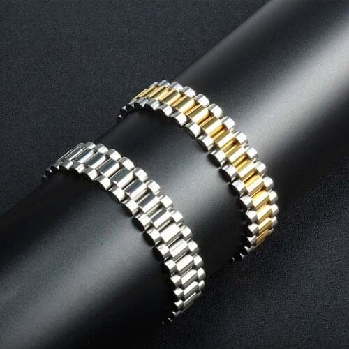 15mm 22cm Men Stainless Steel Watch band Strap Bracelet Watchband Wristband Bracelets Black Gold Hip hop Wrist Strap Link