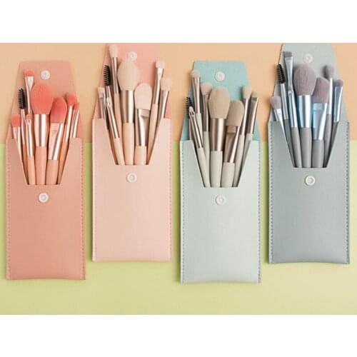 8PCS Mini Design Makeup Brushes Set with Pu Leather Bag Wooden Handle Beauty Cosmetic Foundation Powder Blush Make Up Brush Tool