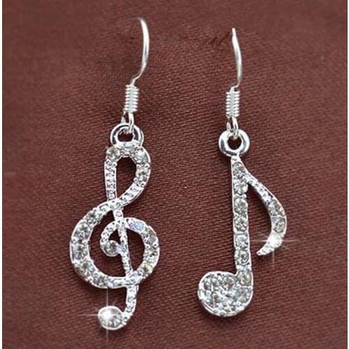 New Personality Geometric Music Dream Symbol Asymmetric Earrings Music Notes Ear Hook Crystal Silver Color Earrings For Women