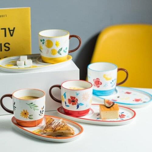 Pastoral Handpainted Ceramic Mug With Plate Kitchen Office Breakfast Porcelain Coffee Tea Milk Cup and Dessert Bread Cake Tray