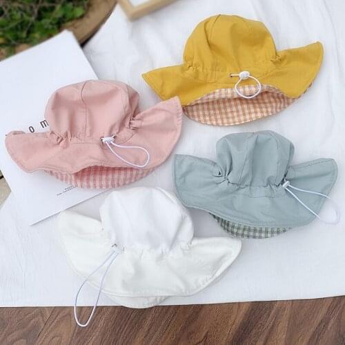 Spring Summer Kids Caps Solid Color Boys Girls Beach Basin Hat 1 2 3 Years Adjustable Double-Sided Baby Bucket Hats 3-12 Months