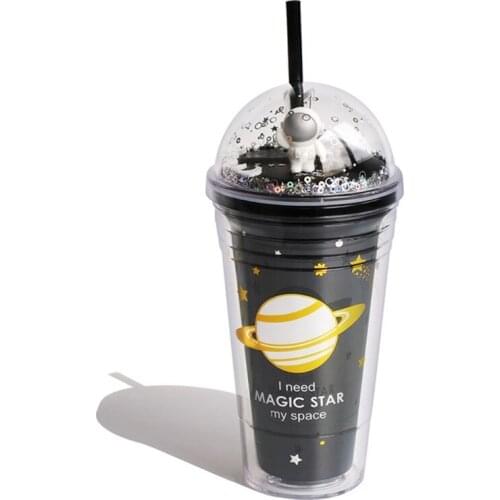 R2JC Cute Straw Cup Adult Kids Food Grade Plastic Water Bottle Travel Mug Starry Sky theme Easy to Clean Suitable Ice cream