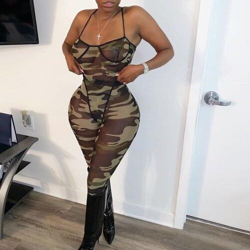Sexy Night Club Birthday Outfits for Women Camouflage Mesh Sheer Two Piece Set Rave Festival Clothing Bodysuit and Leggings Sets