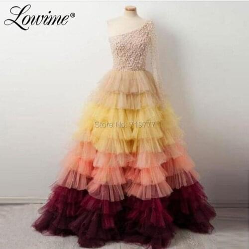 Pearls Beading One Shoulder Evening Dress 2019 Colorful Tiered Cloud Prom Dresses Abiye Saudi Arabic Party Dress Abendkleider