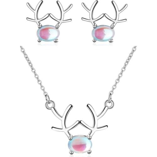 Vintage 925 Sterling Silver Earrings Girl Stud Accessories Set Cute Moonstone Deer Pendant Necklace Women Jewelry Sets On Neck