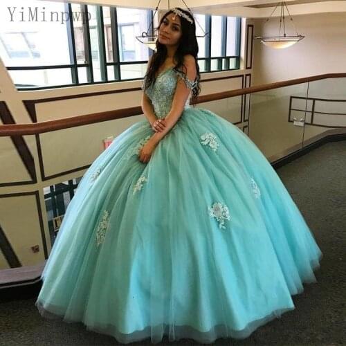 YiMinpwp Mint Ball Gown Quinceanera Dresses Off Shoulder Lace up Back Appliques Long Formal Prom Party Gowns for Sweet 16