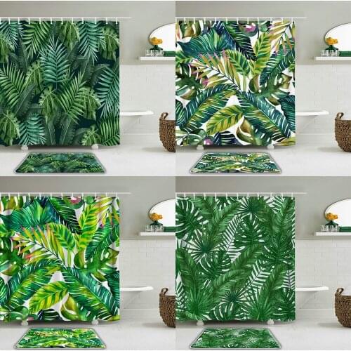 Tropical Plant leaves Shower Curtain Set Waterproof Fabric Palm leaf Bathroom Curtains Toilet Non-slip Mat Bath Foor Mat