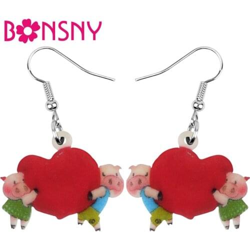 Bonsny Acrylic Valentines Day Love Heart Pig Piggy Earrings Drop Dangle Jewelry For Women Girls Teen Kid Charm Gift Accessories