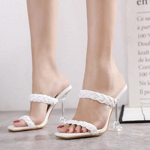 2021 New Summer Fashion Design Weave Women Slippers Transparent Strange High heels Ladies Slides Open Toe Shoes