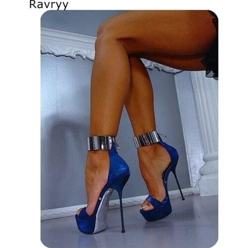Ankle Strap womans blue high heels platform heels cover heel sexy pumps open toe sandals thin heel female party dress shoes