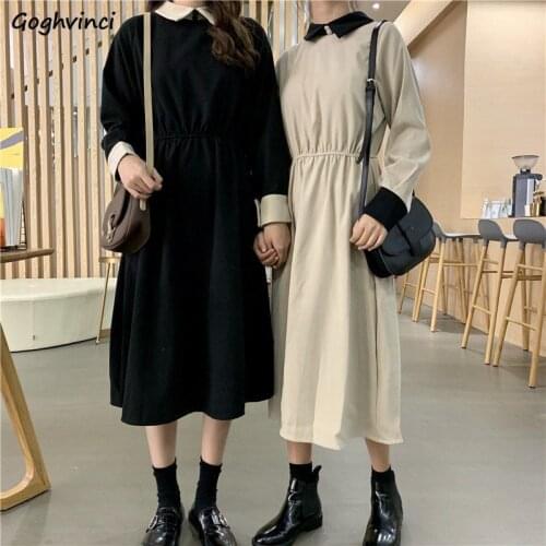 Long Sleeve Dress Women Spring Turn-down Collar Patchwork Simple Elegant French BF Loose Friends Sweet Retro Temperament Ulzzang
