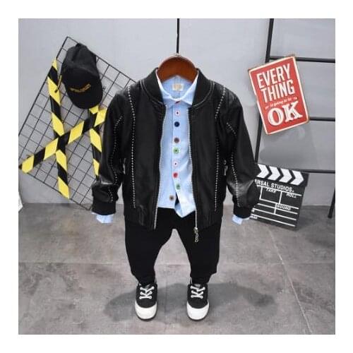 Childrens jacket clothing set imitation leather coat + shirt + pants 3 sets / boys fashion rest spring and autumn boys set 2-6