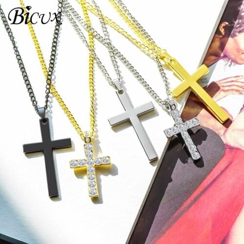BICUX New Fashion Cross Necklaces for Women Men Christian Gold Black Silver Color Crystal Necklace Metal Necklace Jewellery