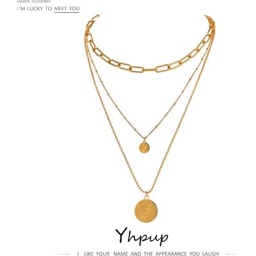 Yhpup New 18 K Stainless Steel Necklace Women Jewelry Trendy Coin Portrait Layered Pendant Chain Choker Necklace Accessories