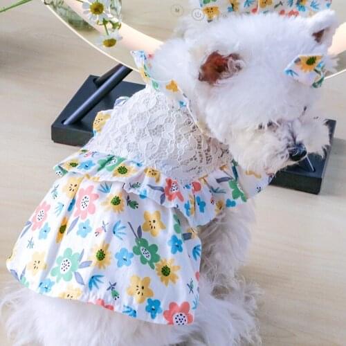 Floral Skirt Pet Dog Clothes Lace Dress Clothing Dogs Super Soft Cute Breathable Chihuahua Sweet Print Summer Blue Girl Mascotas