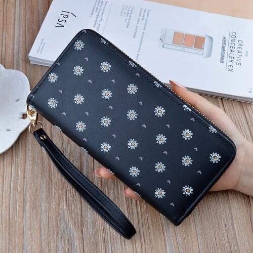 Small Daisy Print Long Ladies Wallets Large Capacity Zipper Money Bags Phone Pocket PU Leather Card Holders Womens Coin Purse