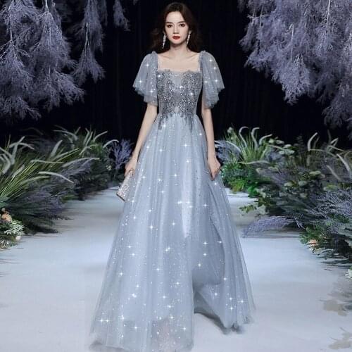 Elegant Square Neck Sparkly Exquisite Sequins Formal Evening Dresses Women Fairy Long Tulle Prom Party Dress