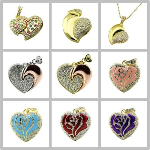 Real Capacity Crystal Heart USB Flash Drive Disk Necklace 8GB 16GB 32GB Diamond Heart Jewelry Usb Pendrive Creative Girl Gift