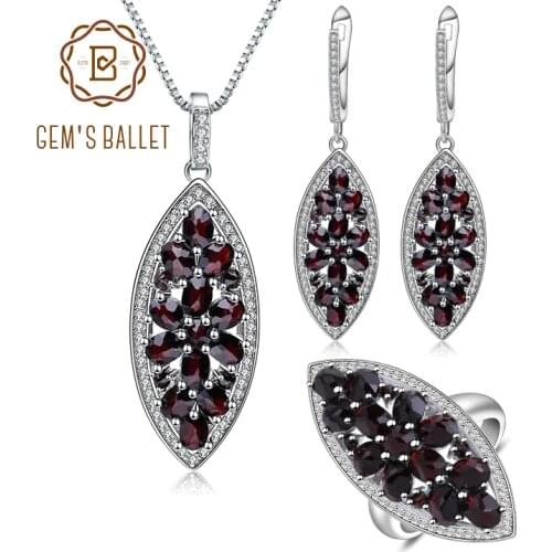 GEMS BALLET 925 Sterling Silver Flower Gemstone Jewelry Set Natural Black Garnet Ring Earrings Pendant Sets For Women Wedding