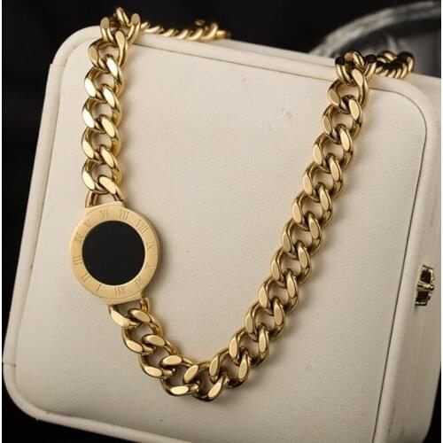 2021 New Design 316L Stainless Steel Roman Numerals Black Round Necklace Thick Chain Hip Hop Jewelry Gift for Women Dropshipping