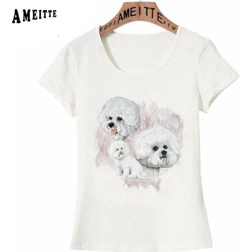 Naughty Clever White Bichon Frise Collage Print t-shirt Summer Women Short Sleeve Woman Casual Tops Cute Dog Design Girl Tees