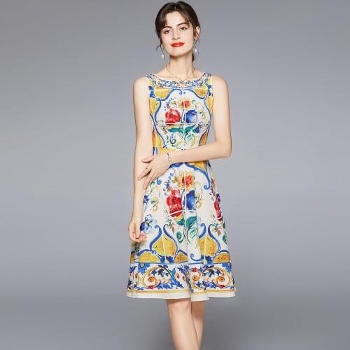 Women Blue and white porcelain Print Sleeveless Dress Casual A-line Dresses Sexy Party Dress Summer Feminias Vestidos Female