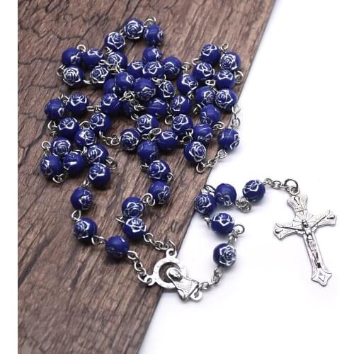 Religious Blue Flower Rose Beads Rosary Necklace Virgin Mary INRI Crucifix Christ Cross Pendant Pray Jewelry Confirmation Gifts