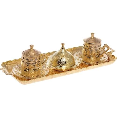 Luxury Turkish porcelain coffee pot set and plates DOUBLE COFFEE SET - PERFORATED - - WHITE - - YELLOW - TIN - ANTIQUE COPPER