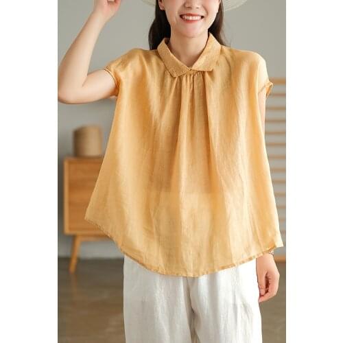New Women Shirts Summer Loose Sweet Style Solid Color Loose Turn-down Collar Back Single-Breasted Female Fashion Ramie Tops