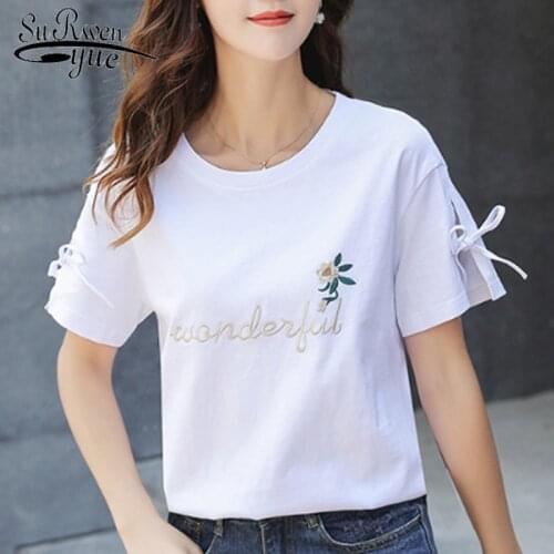 Casual Summer Ladies Shirt Korean Fashion Clothing Loose Short Sleeve O-neck Shirt Tops Cotton Shirt Embroidery Tops 4848 50