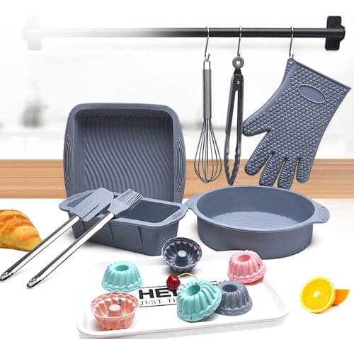 14 Piece Silicone Mold Cake Tool Baking Set Round Square Toast Muffin Pan 4 Kitchen Utensils Cooking Multi Cake Spatula 1 Gloves