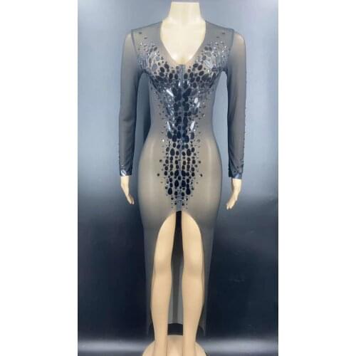 Sexy Black See Through Sequins Mesh Dresses Women Birthday Celebrate Perspective Stretch Dress Stage Costume Dance Outfit